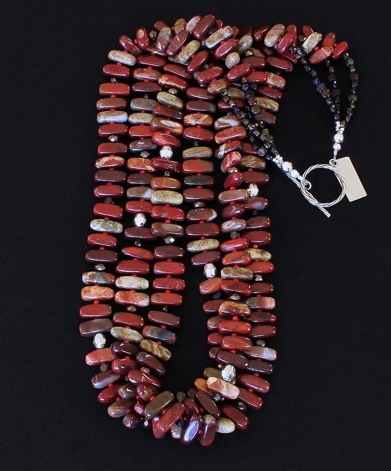 Apple Jasper Stick 3-Strand Necklace with Red Pote Beads, Bronze Czech Nailheads & Faceted Glass Rondelles, and Sterling Silver Beads & Toggle Clasp