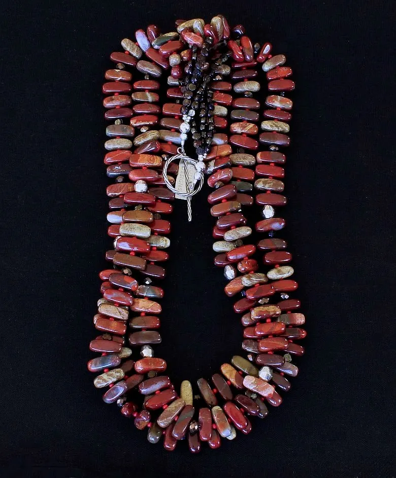 Apple Jasper Stick 3-Strand Necklace with Red Pote Beads, Bronze Czech Nailheads & Faceted Glass Rondelles, and Sterling Silver Beads & Toggle Clasp