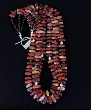 Apple Jasper Stick 3-Strand Necklace with Red Pote Beads, Bronze Czech Nailheads & Faceted Glass Rondelles, and Sterling Silver Beads & Toggle Clasp