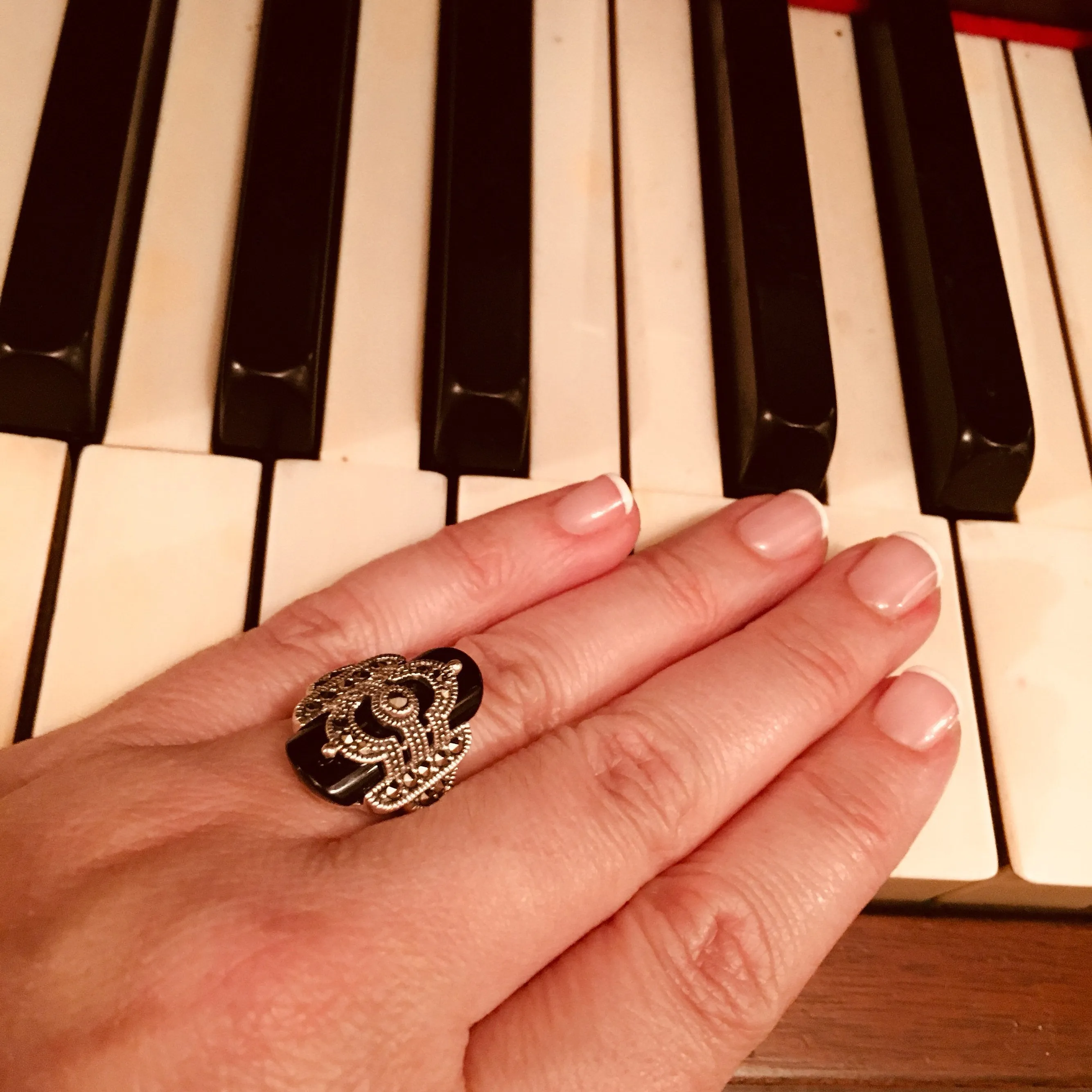 Art Deco Ring with Black Onyx and Marcasite detail