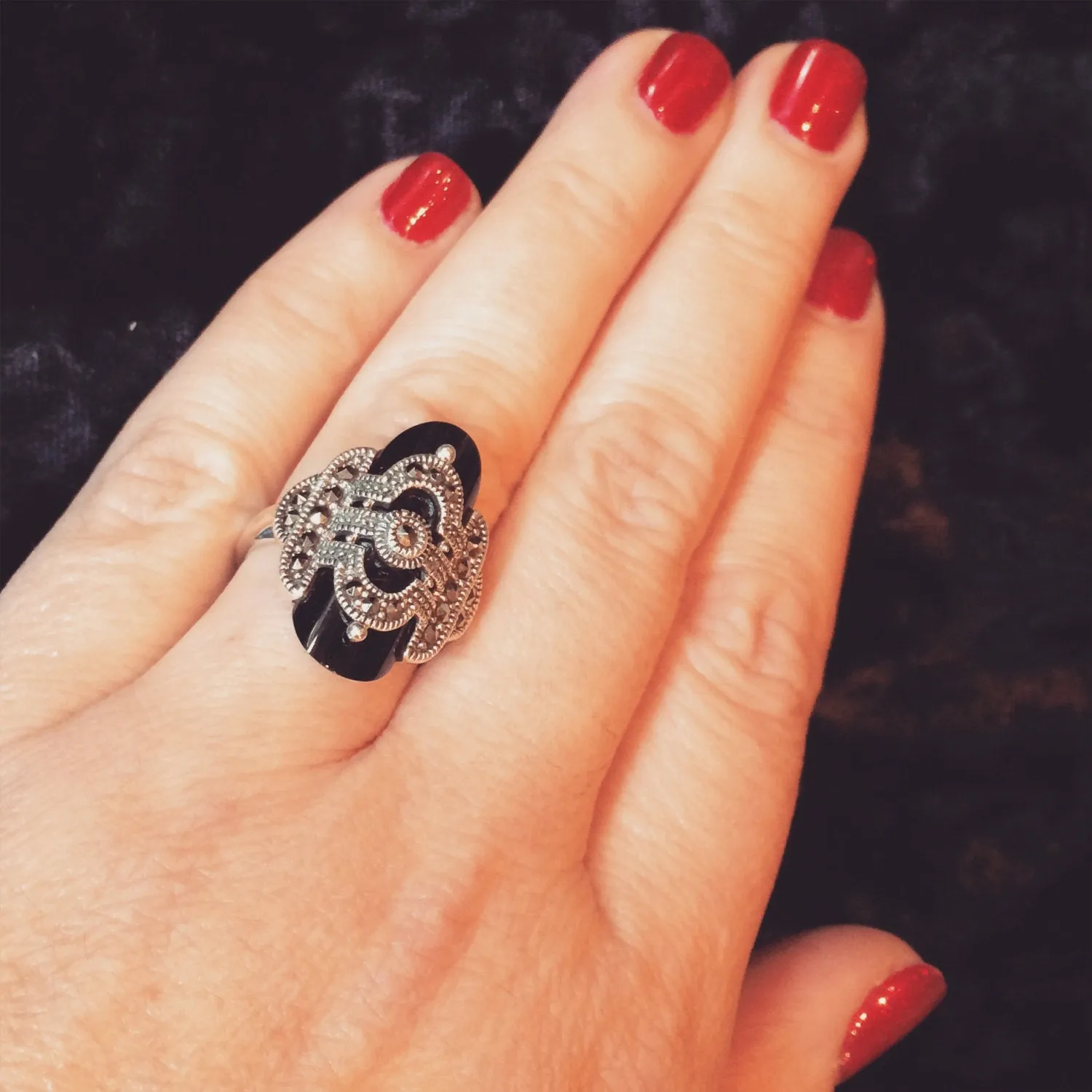 Art Deco Ring with Black Onyx and Marcasite detail