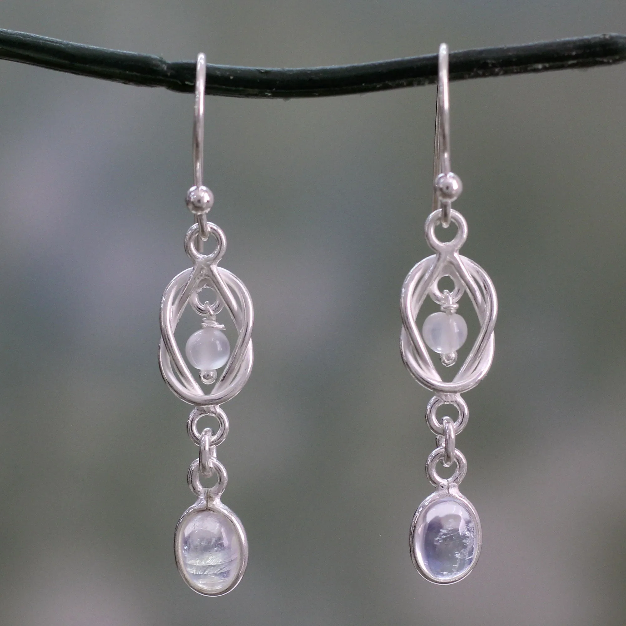 Artisan Crafted Rainbow Moonstone and Silver Earrings - Moonlight Knot | NOVICA