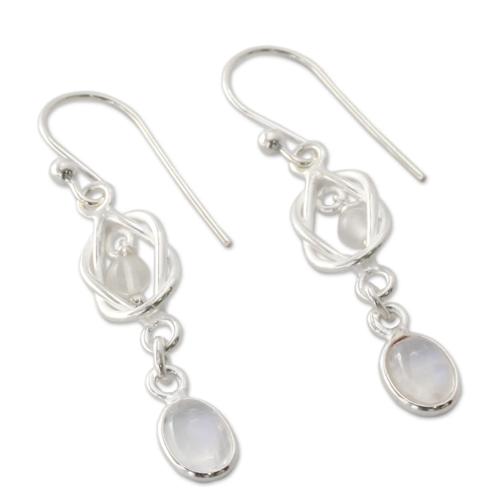 Artisan Crafted Rainbow Moonstone and Silver Earrings - Moonlight Knot | NOVICA