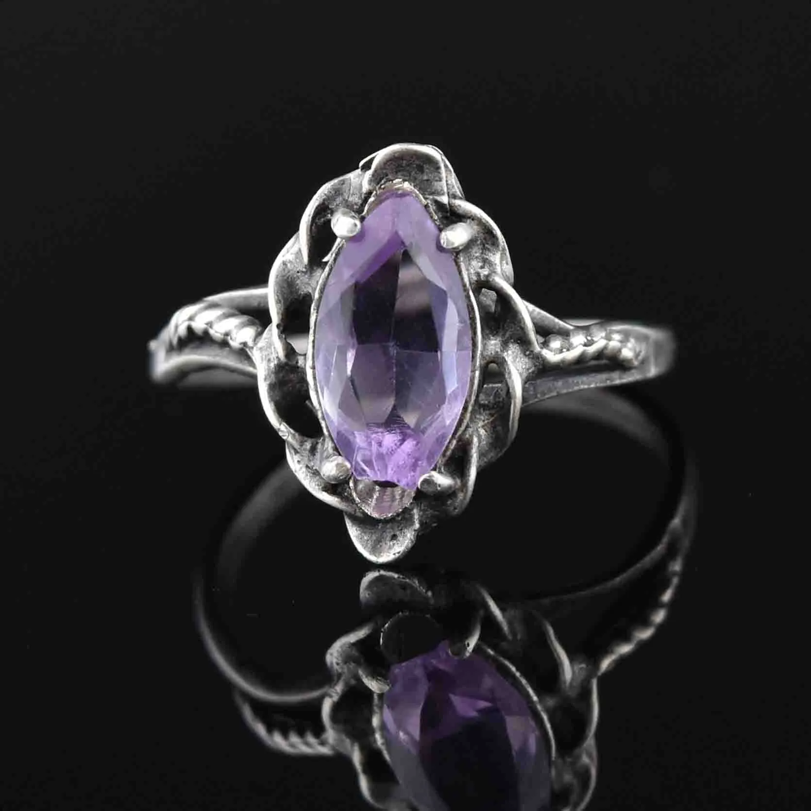 Arts and Crafts Style Silver Rope Amethyst Statement Ring