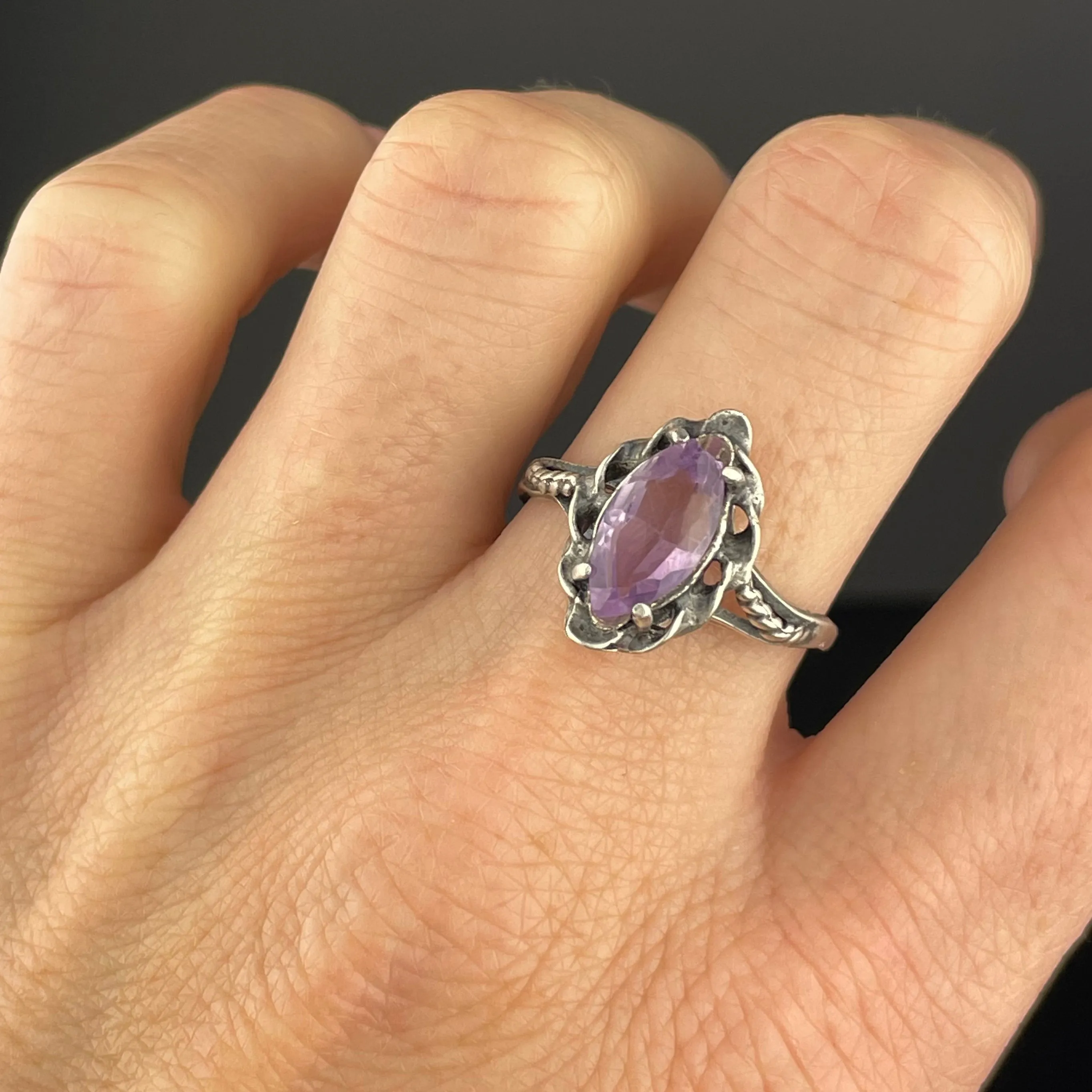 Arts and Crafts Style Silver Rope Amethyst Statement Ring