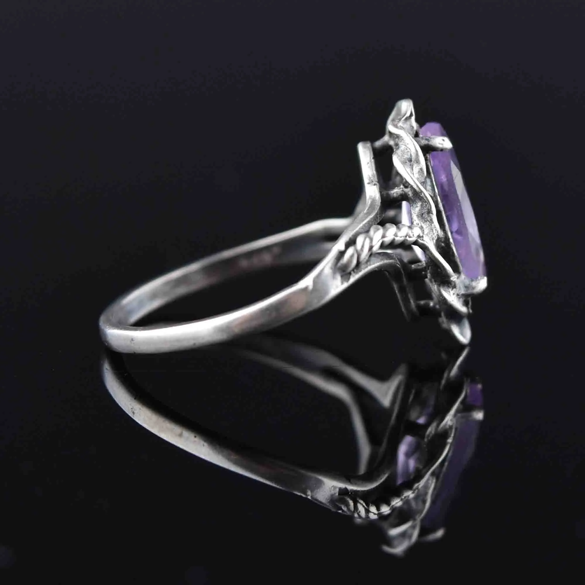 Arts and Crafts Style Silver Rope Amethyst Statement Ring