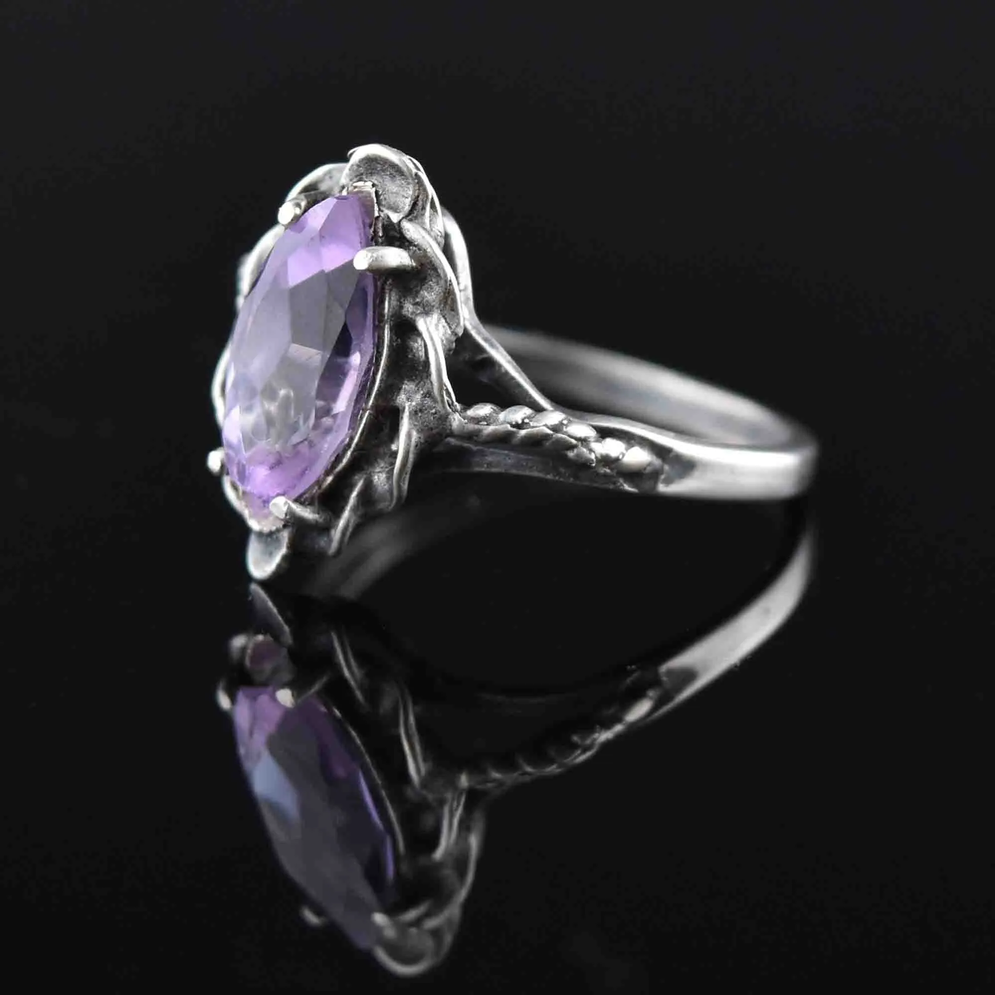 Arts and Crafts Style Silver Rope Amethyst Statement Ring