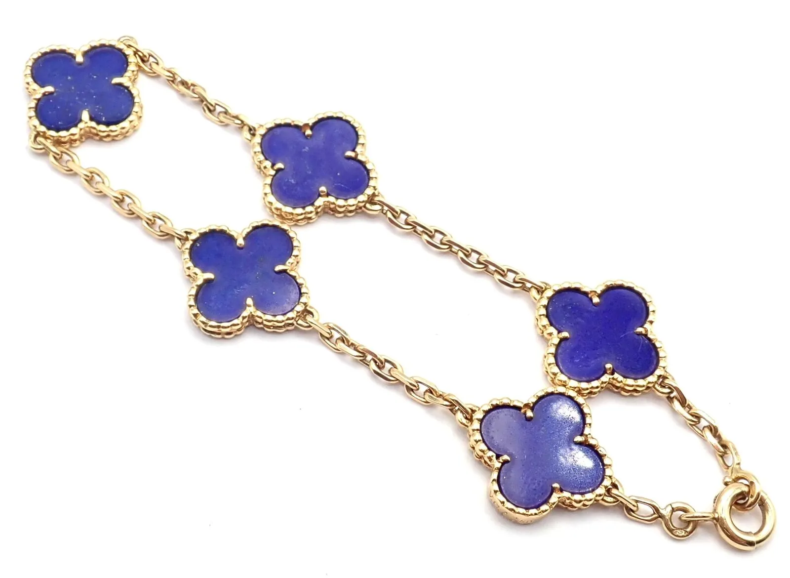 Authentic! Van Cleef & Arpels 18k Gold 5 Motif Alhambra Lapis Bracelet Paper