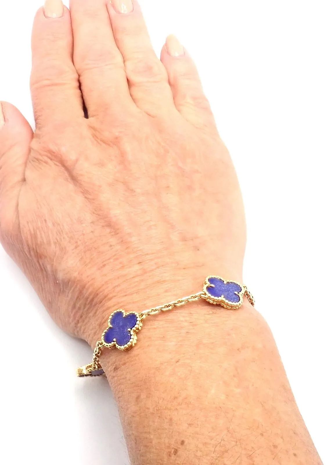 Authentic! Van Cleef & Arpels 18k Gold 5 Motif Alhambra Lapis Bracelet Paper