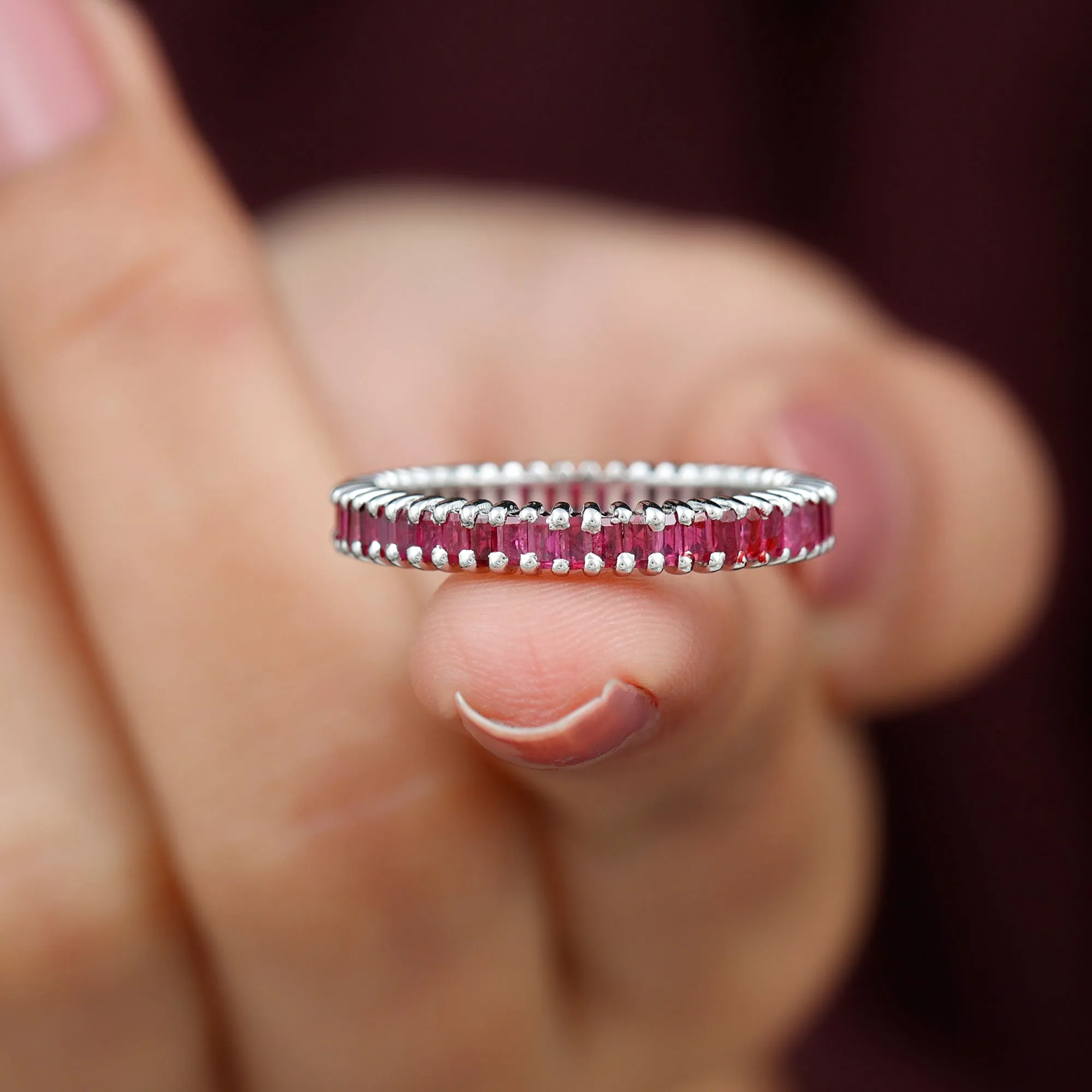 Baguette Cut Ruby Eternity Ring in Shared Prong Setting