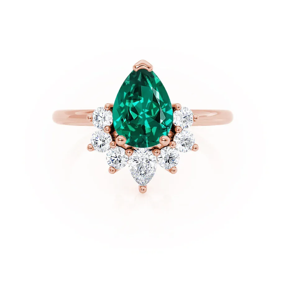 BALLET - Chatham® Pear Emerald & Diamond Half Halo Tiara Ring 18k Rose Gold