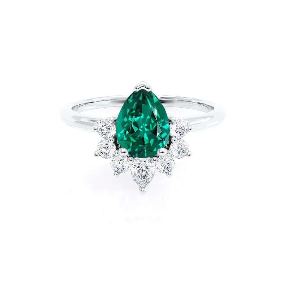 BALLET - Chatham® Pear Emerald & Diamond Half Halo Tiara Ring Platinum 950