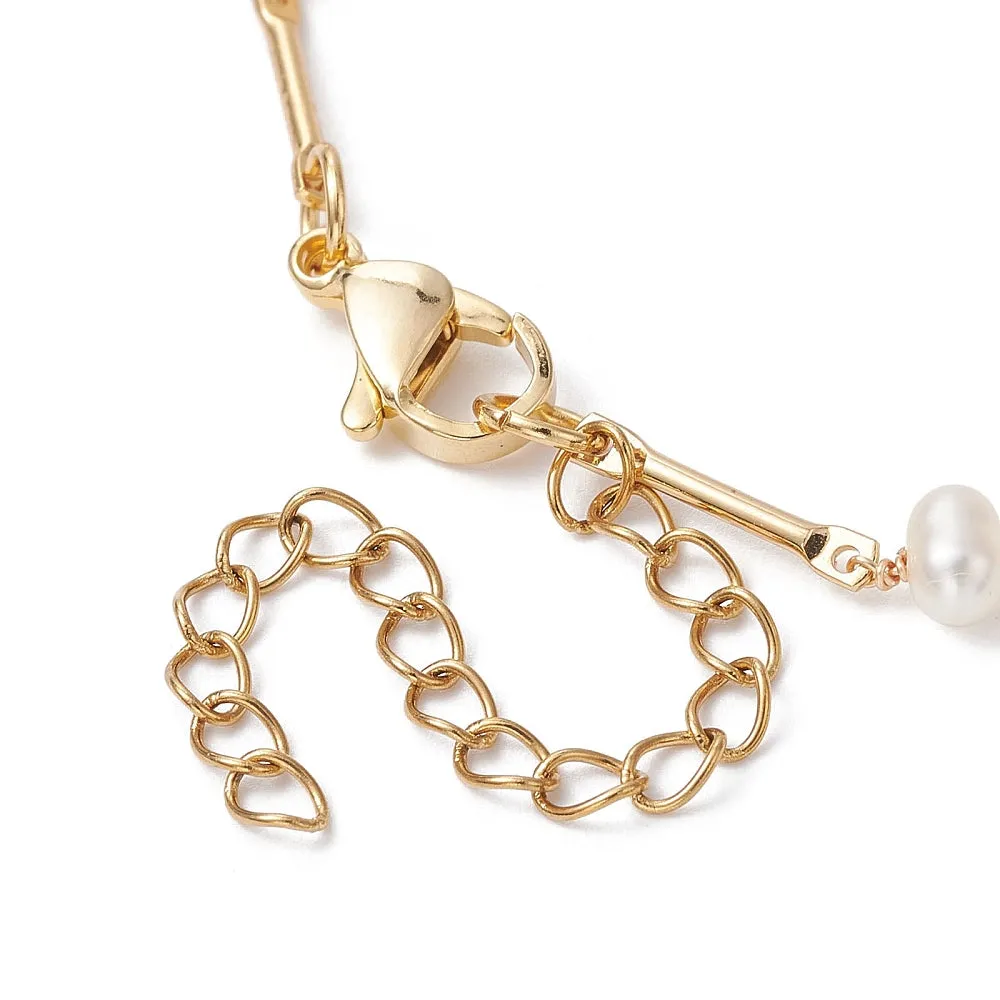 Bar Link Bracelet with Freshwater Pearls - Plated Brass - 7-1/4"