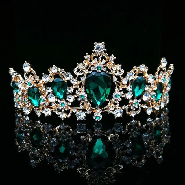 Baroque  Red Blue Green Crystal Bridal Tiaras Crown Vintage Gold Hair Accessory