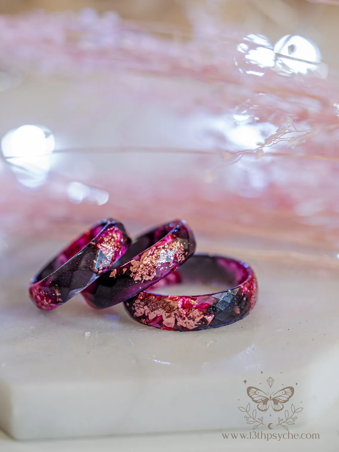 Black and Pink faceted resin ring with pink metallic flakes