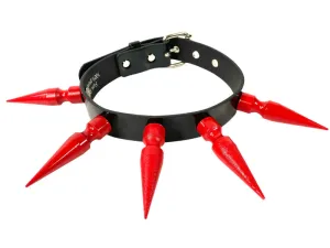 Black Leather Collar w/ Long Red Spikes