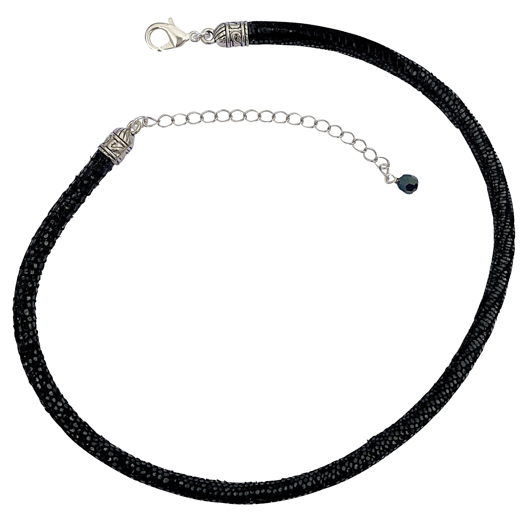 Black Leather Sparkly Snakeskin Choker Necklace with Silver Extender Chain & Swarovski Crystal