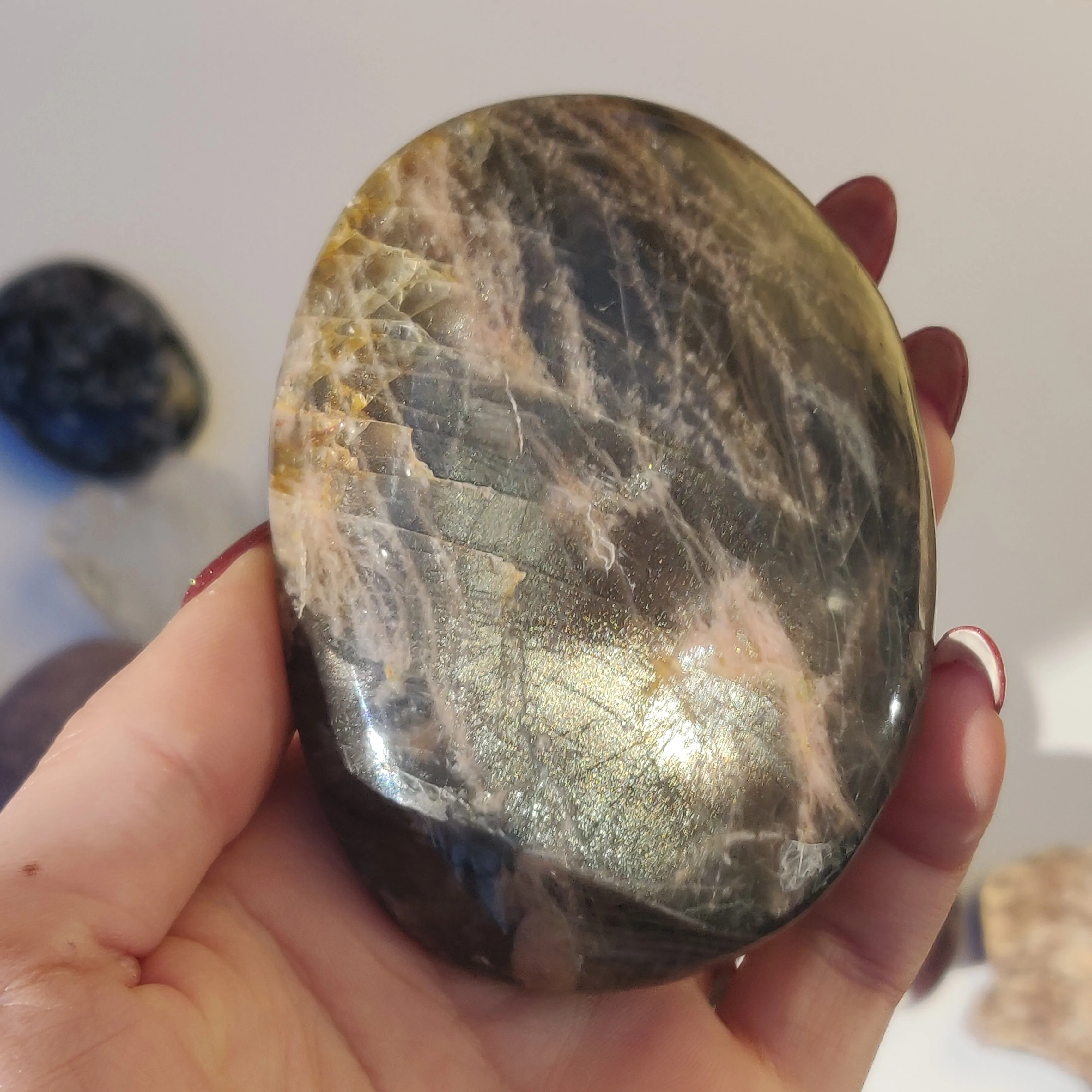 Black Moonstone Palm Stone, Flashy Black Moonstone (#4)