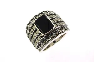 Black Onyx Art Deco sparkly squares Ring