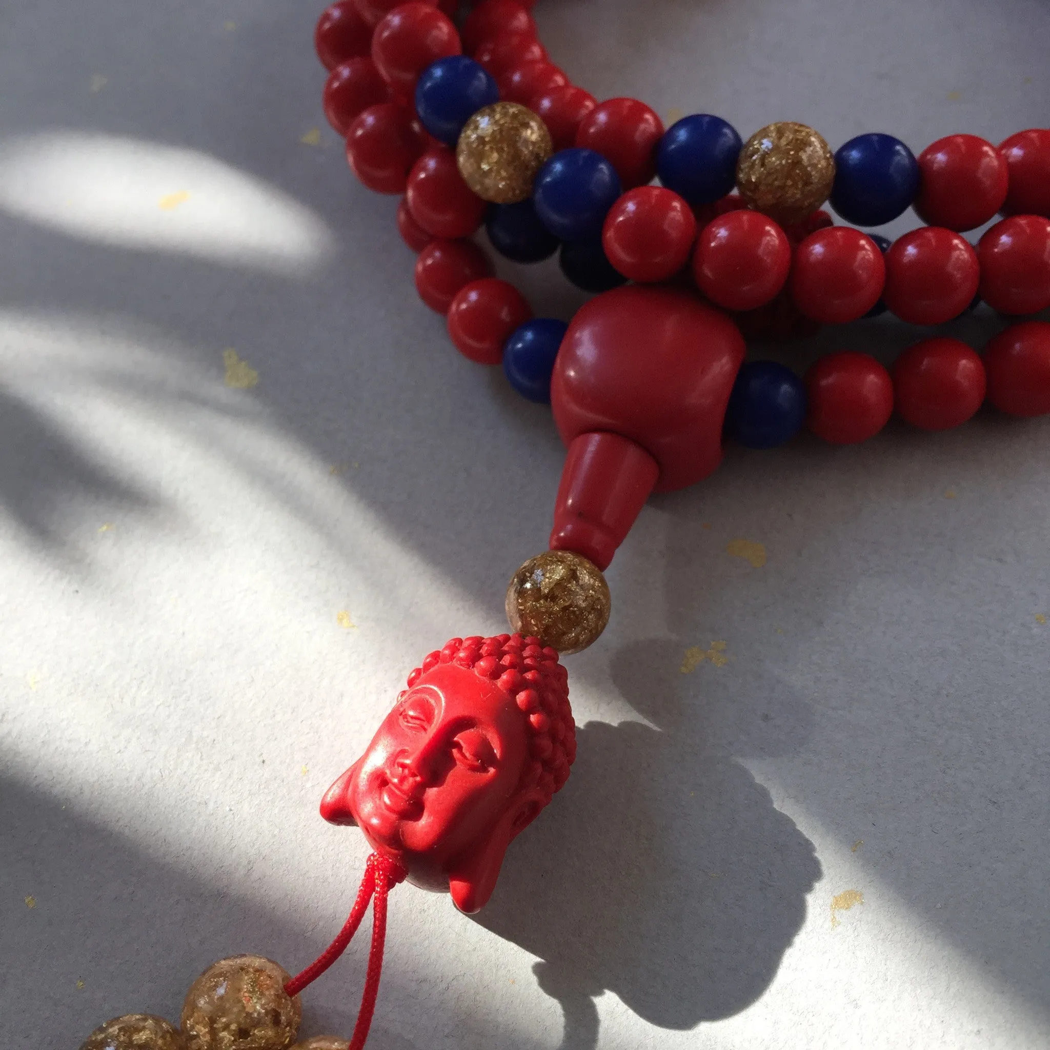 Buddha Red Cinnabar 108 Bead Mala Necklace, Red Stone Wrap Bracelet Wrist Mala (P)