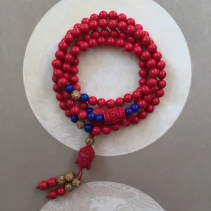 Buddha Red Cinnabar 108 Bead Mala Necklace, Red Stone Wrap Bracelet Wrist Mala (P)