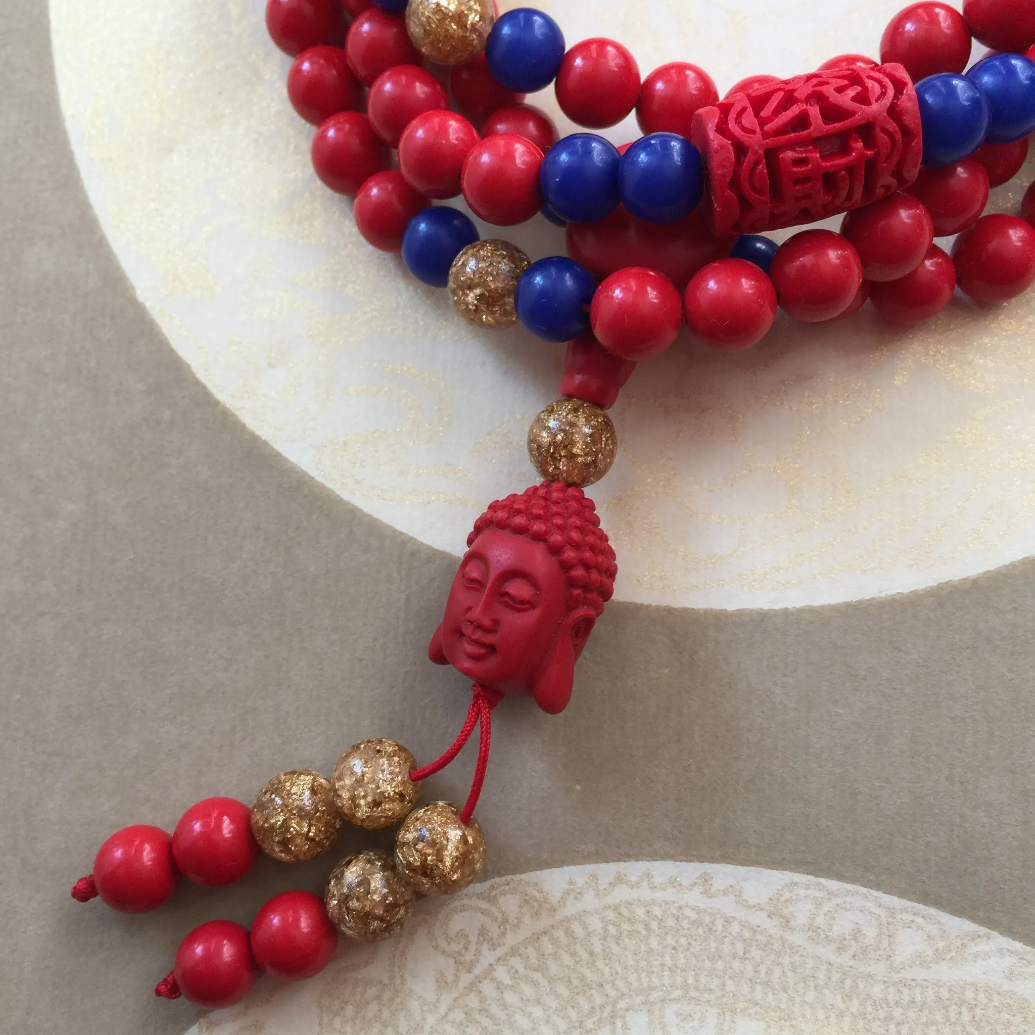 Buddha Red Cinnabar 108 Bead Mala Necklace, Red Stone Wrap Bracelet Wrist Mala (P)