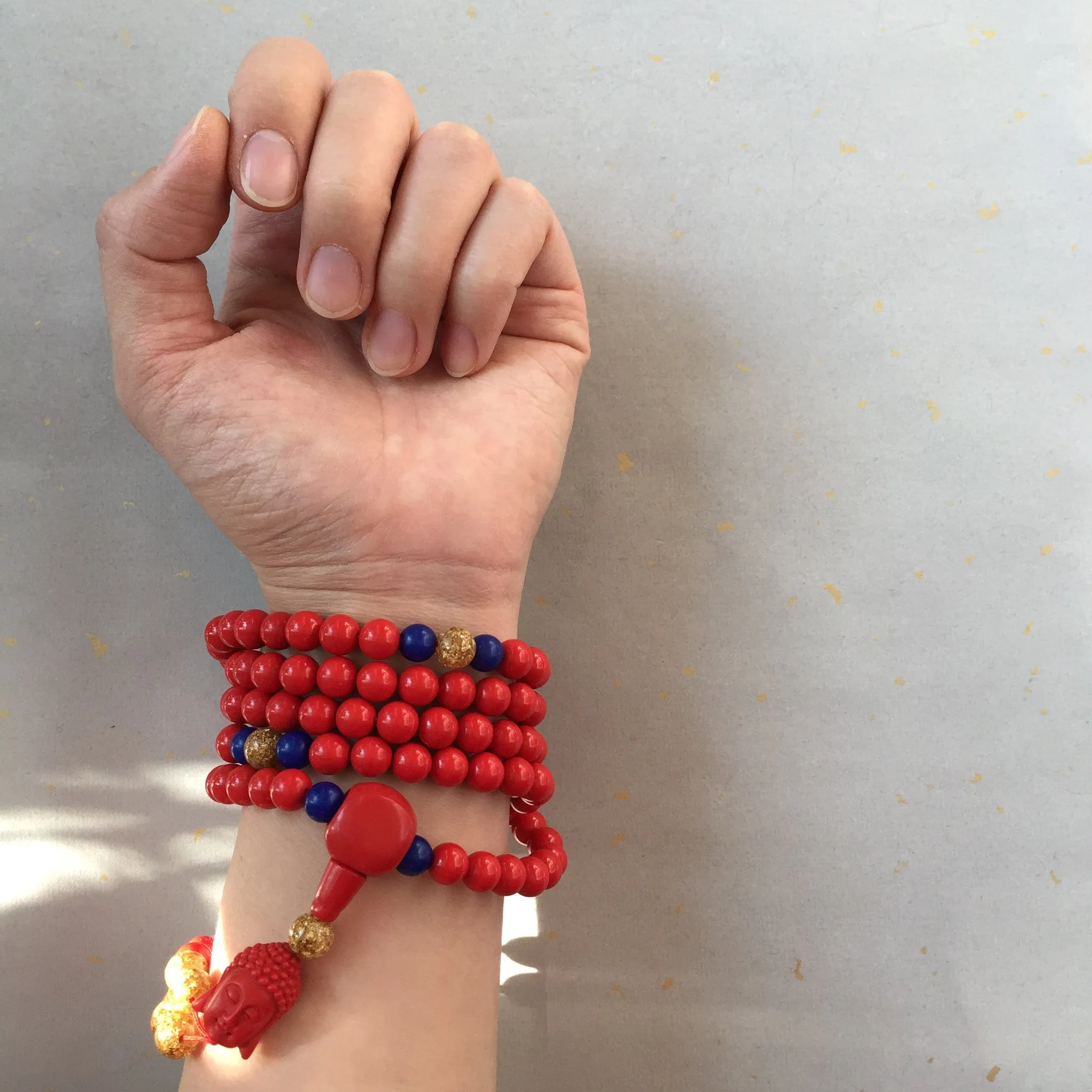 Buddha Red Cinnabar 108 Bead Mala Necklace, Red Stone Wrap Bracelet Wrist Mala (P)