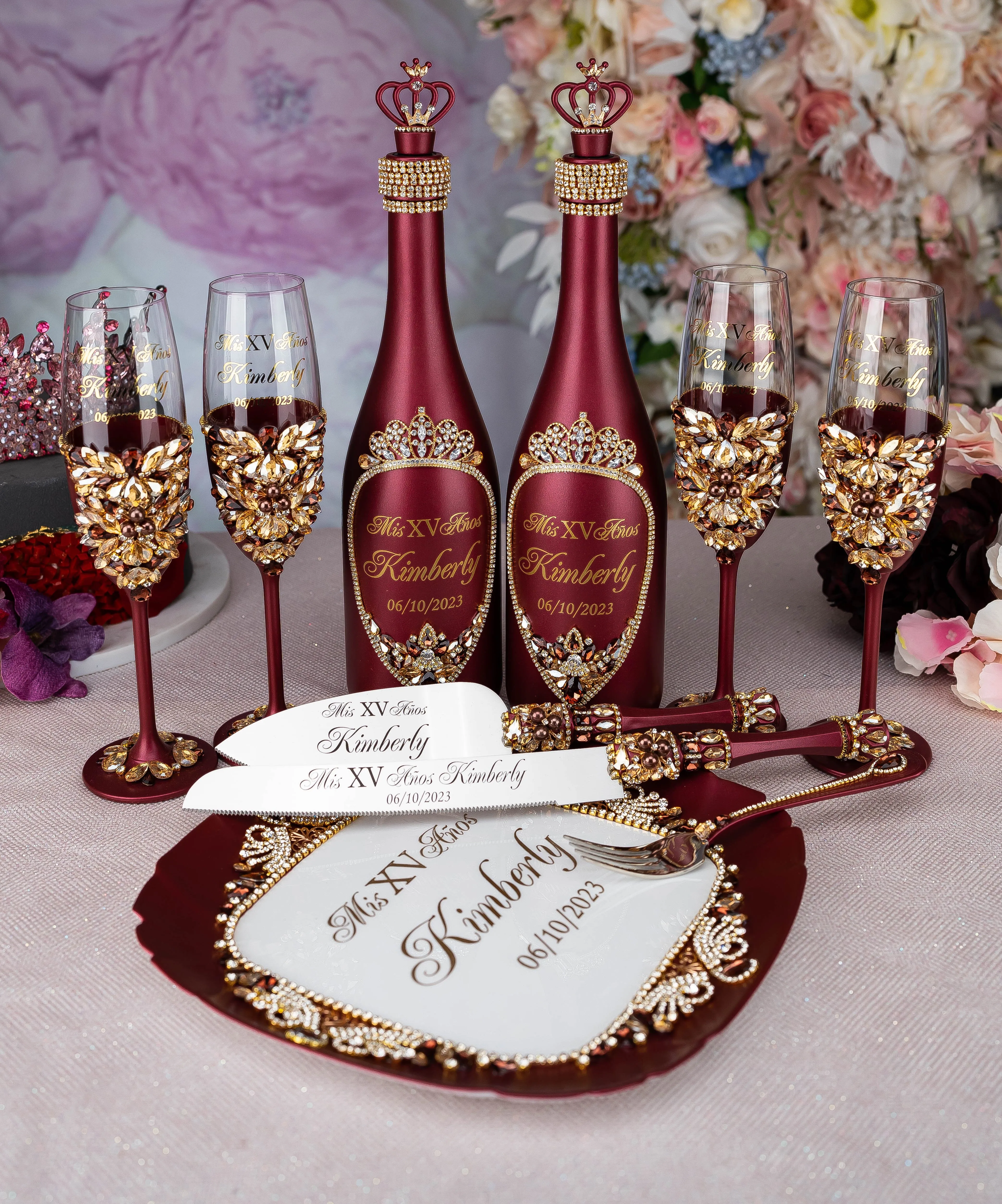 Burgundy quinceanera tiara pillow