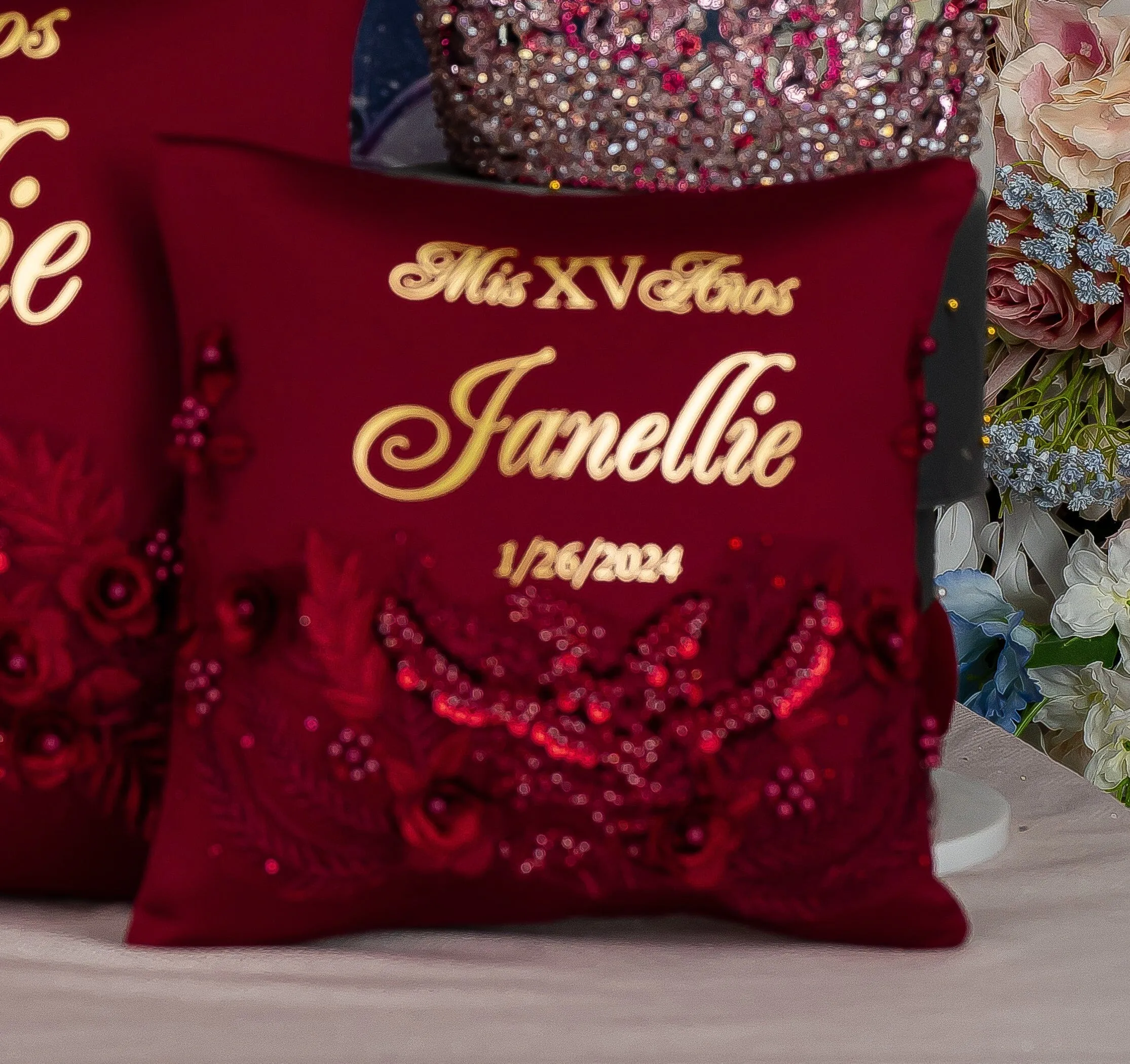 Burgundy quinceanera tiara pillow