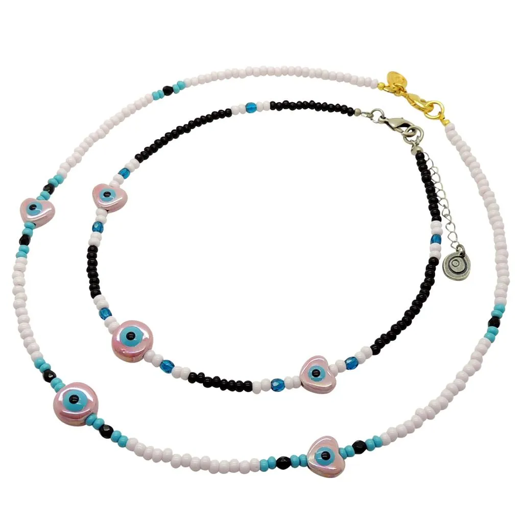 Ceramic Evil Eye Heart to Heart Charm Glass Bead Mix Choker