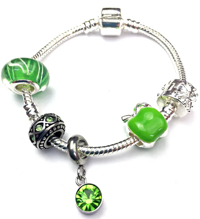 Children's 'August Birthstone' Peridot Coloured Crystal Silver Plated Charm Bead Bracelet