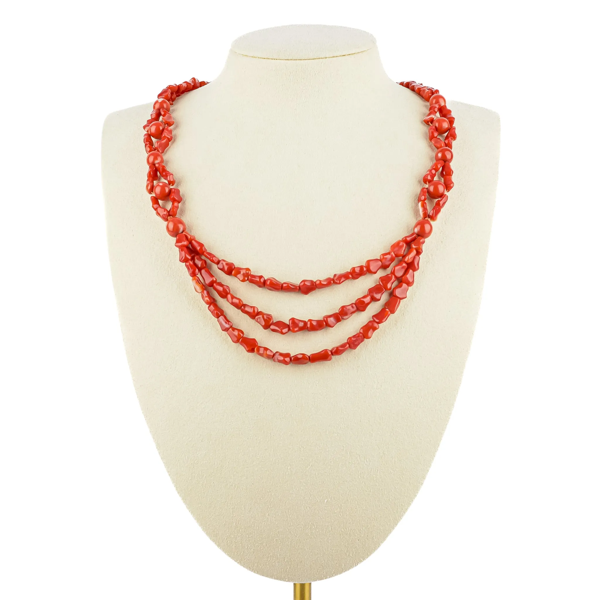 Chinese Export Coral Woven 3 Strand Necklace