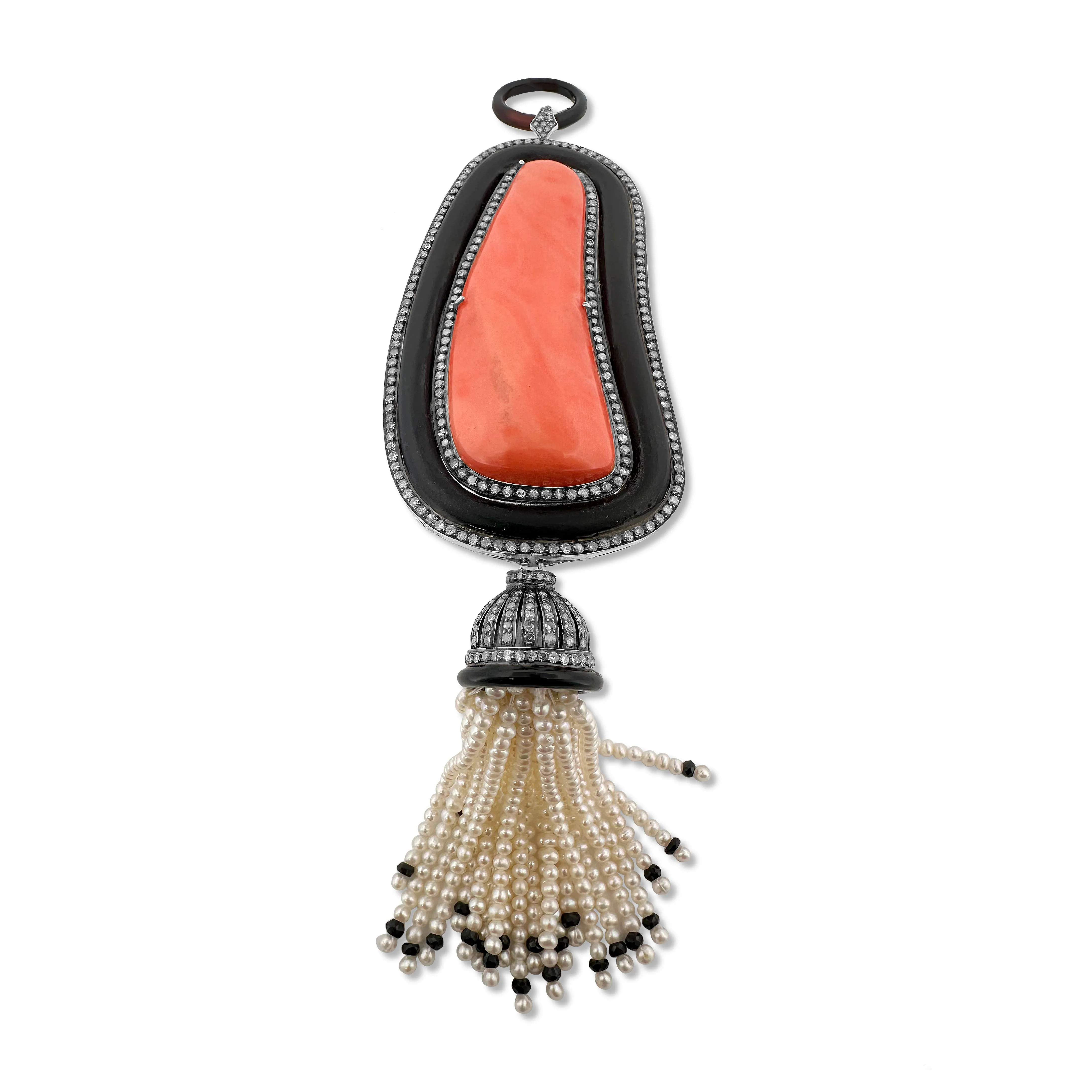 Coral & 4.83ctw Diamond Capped Cultured Pearl Tassel Necklace in Sterling Silver and 18k Gold