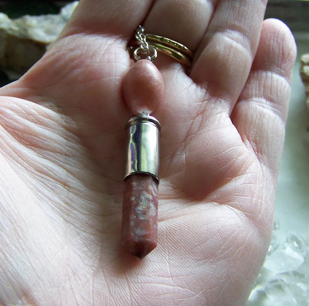 Coral Jasper Pink Lepidolite Gemstone Silver Bullet Jewelry Pendant