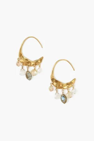 Crescent Gold Hoop Earrings ~ White Pearl Citrine Mix