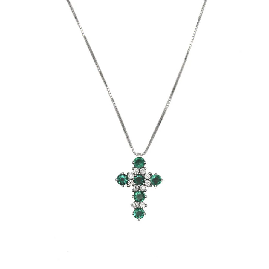 CROSS AND CHAIN - EMERALDS AND DIAMONDS - WHITE GOLD