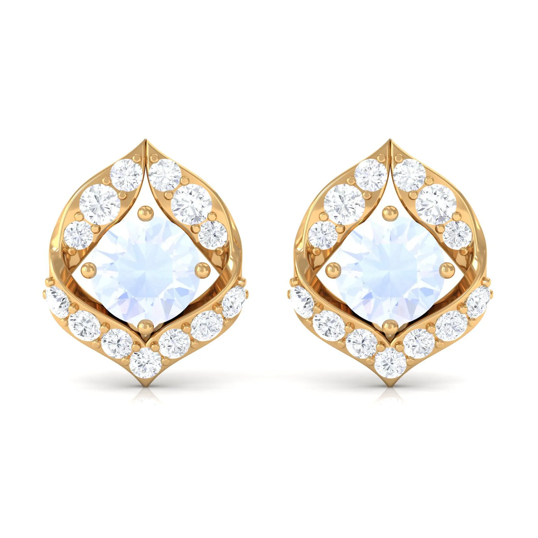 Dainty Moonstone and Diamond Petal Stud Earrings