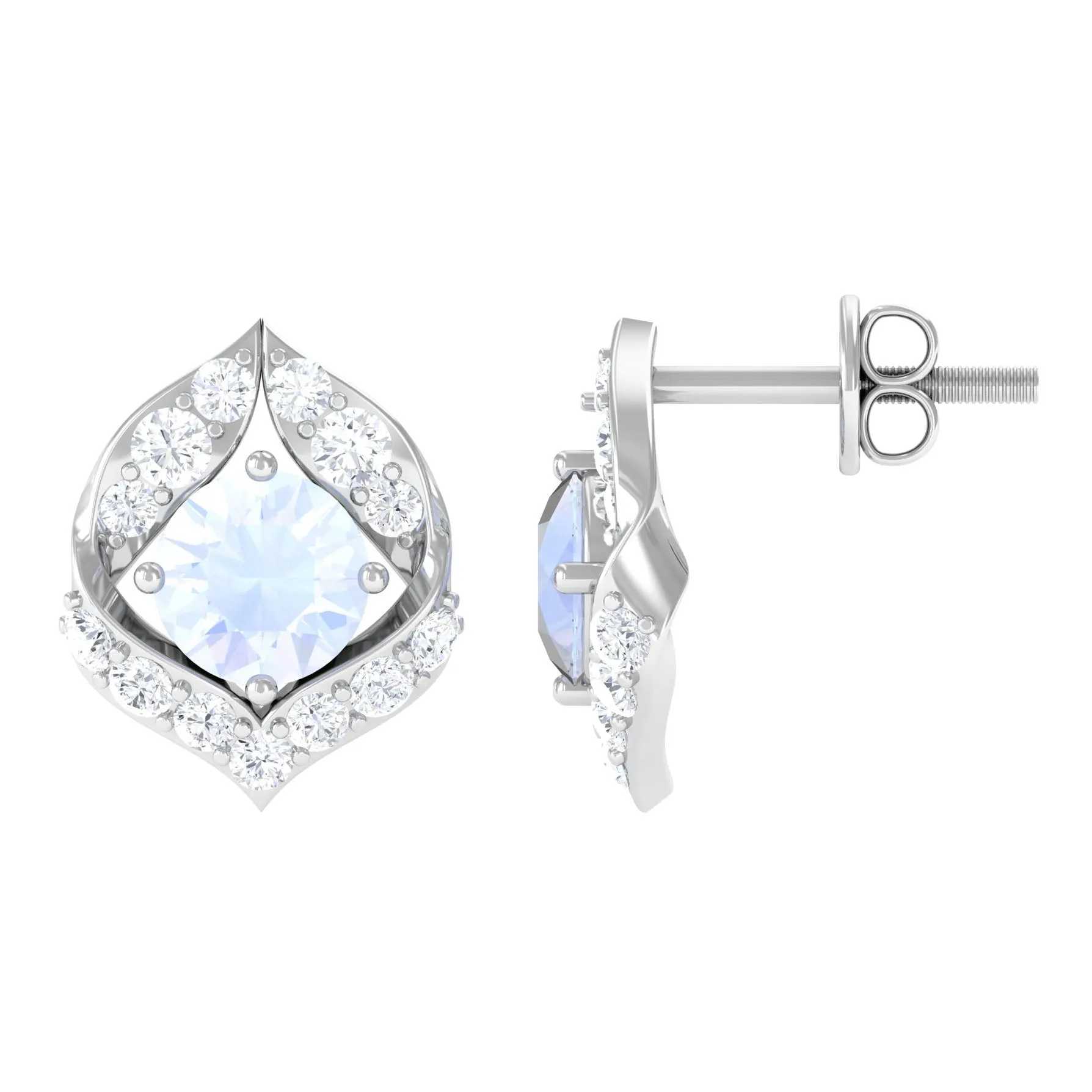 Dainty Moonstone and Diamond Petal Stud Earrings