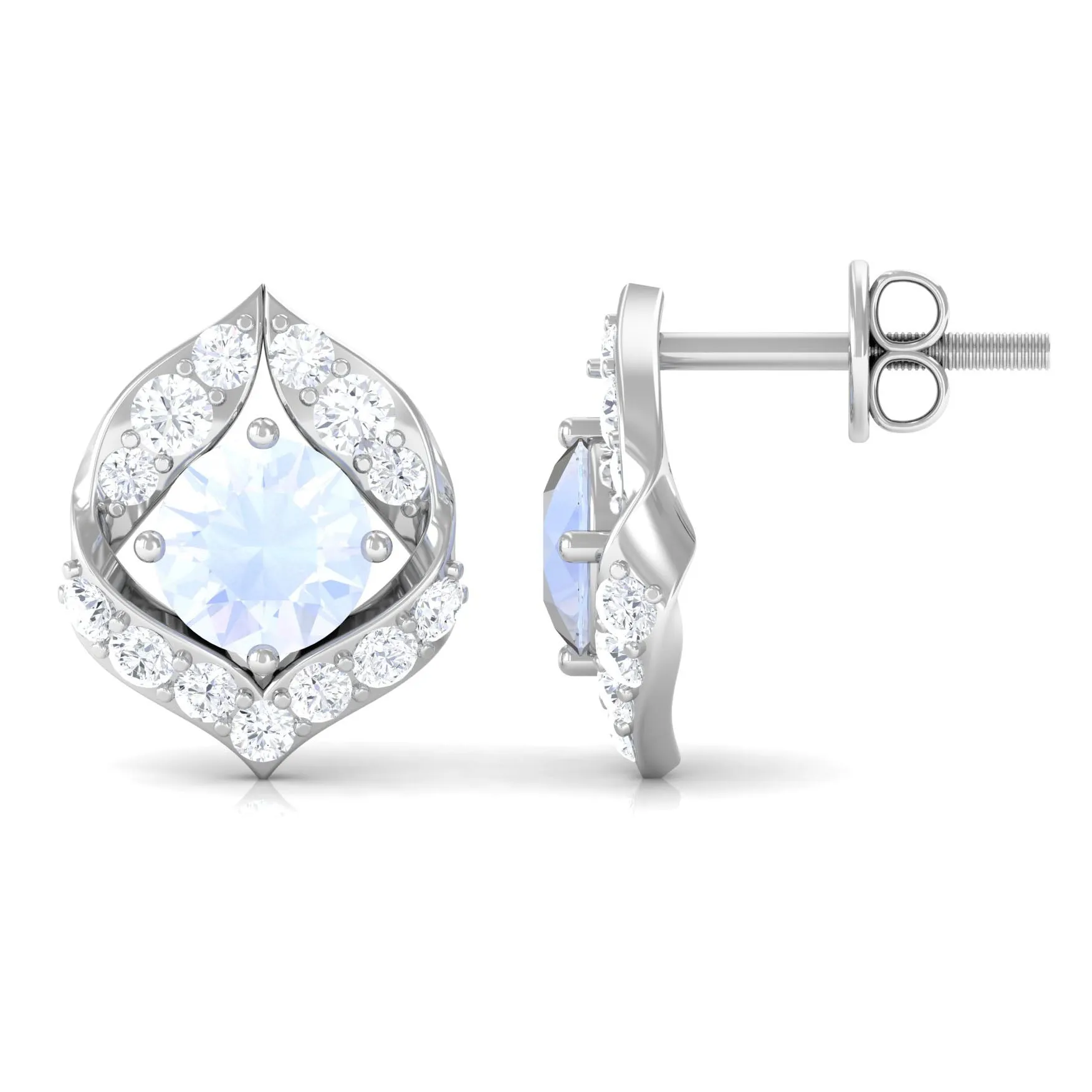 Dainty Moonstone and Diamond Petal Stud Earrings