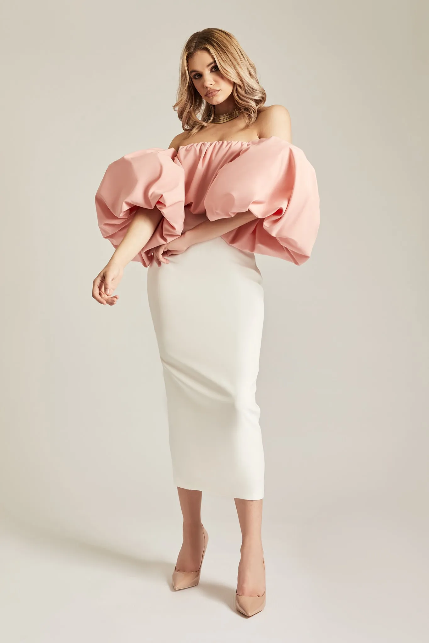 Damaris Off Shoulder Puff Sleeve Top (Coral)