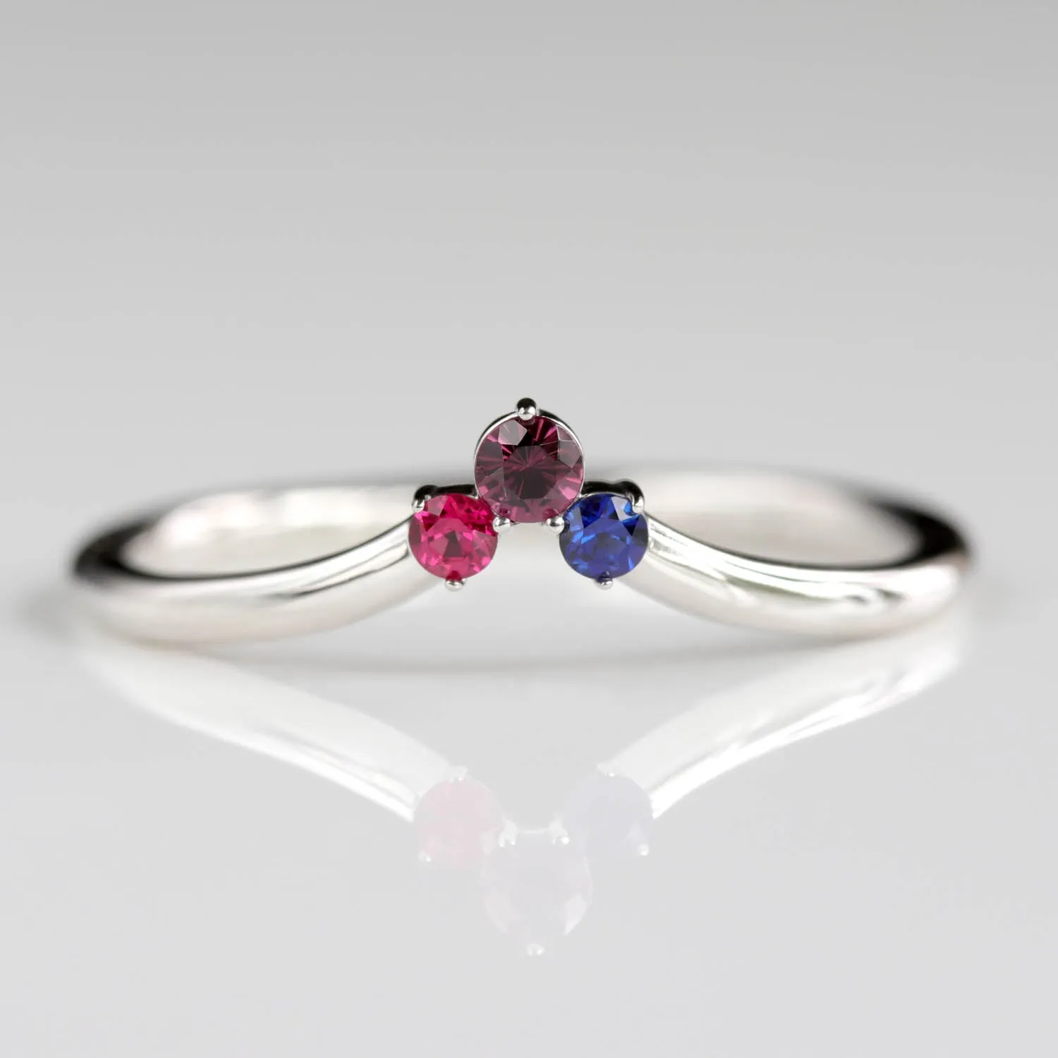 Diamond V Contour Band with Chatham Ruby, Chatham Dark Blue Sapphire, and Garnet