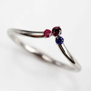 Diamond V Contour Band with Chatham Ruby, Chatham Dark Blue Sapphire, and Garnet