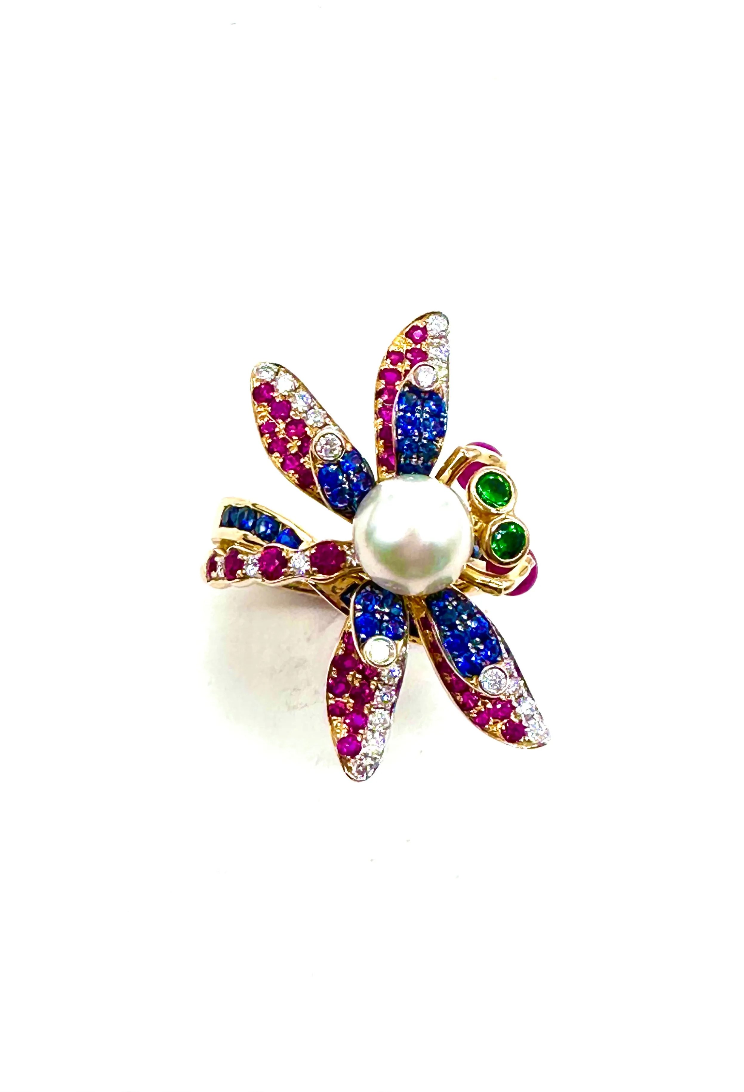 Dragonfly ring with diamonds and precious stones