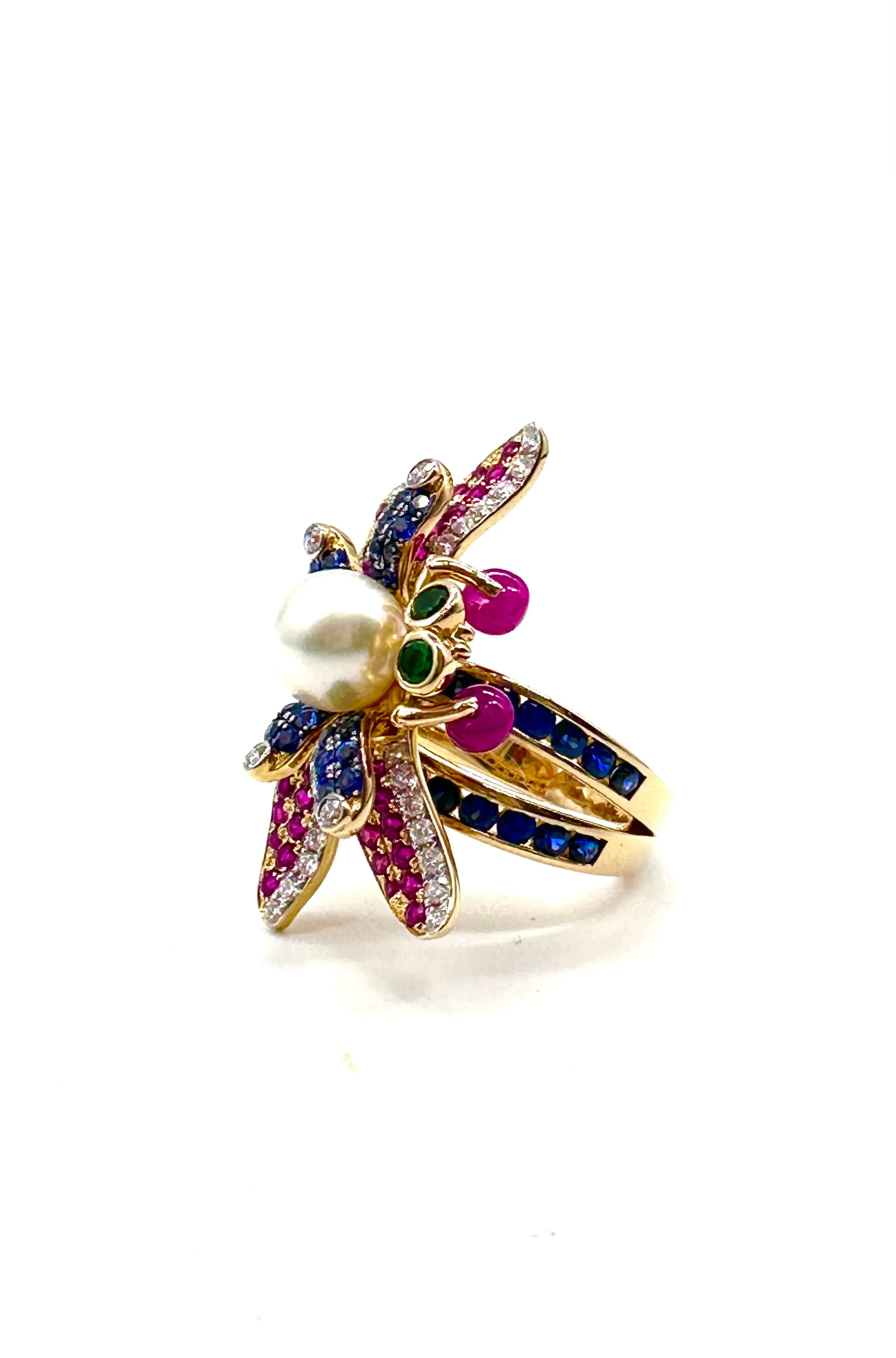 Dragonfly ring with diamonds and precious stones