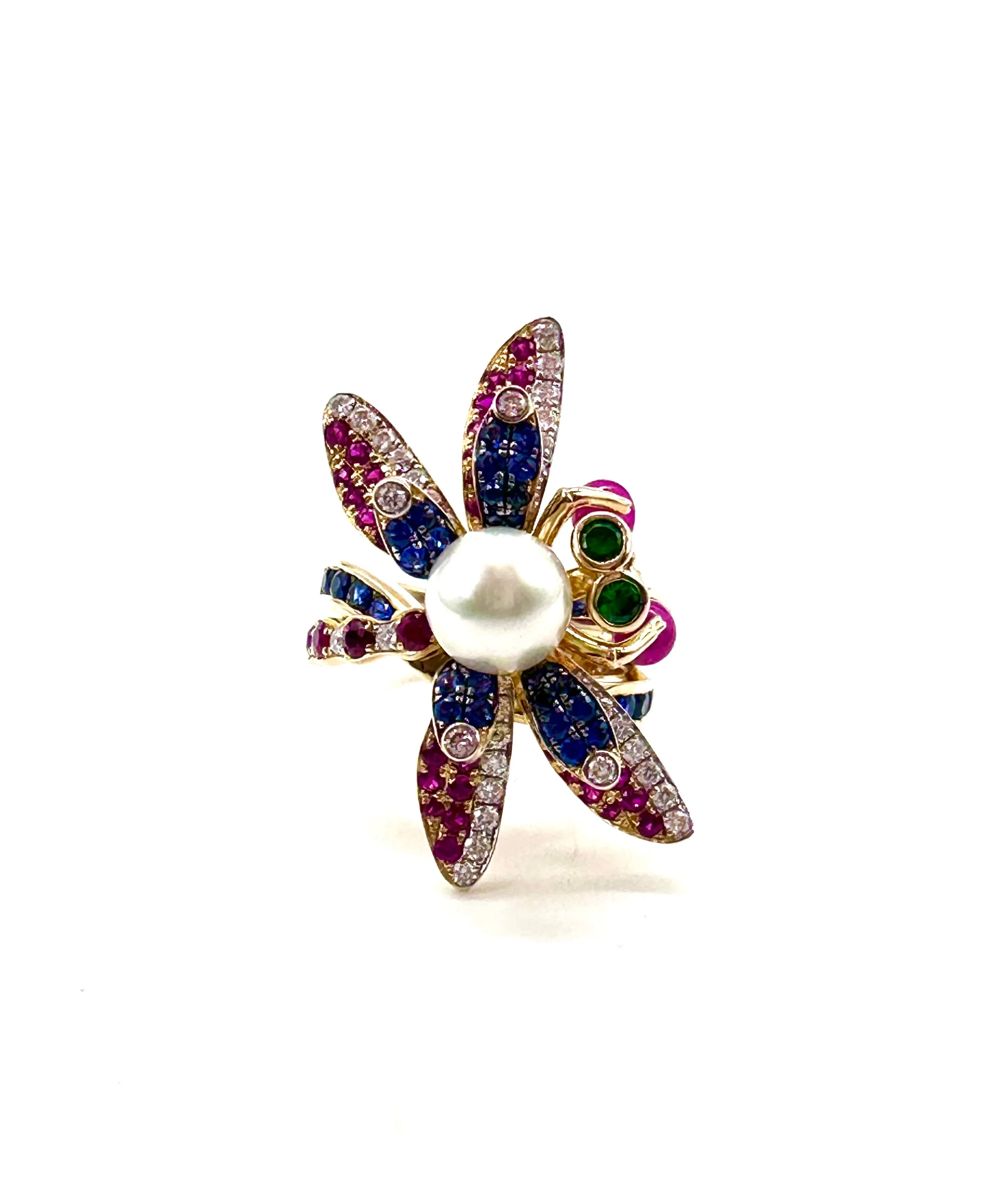 Dragonfly ring with diamonds and precious stones