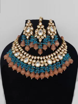 Drop Kundan Coral Necklace Earring And Teeka Set