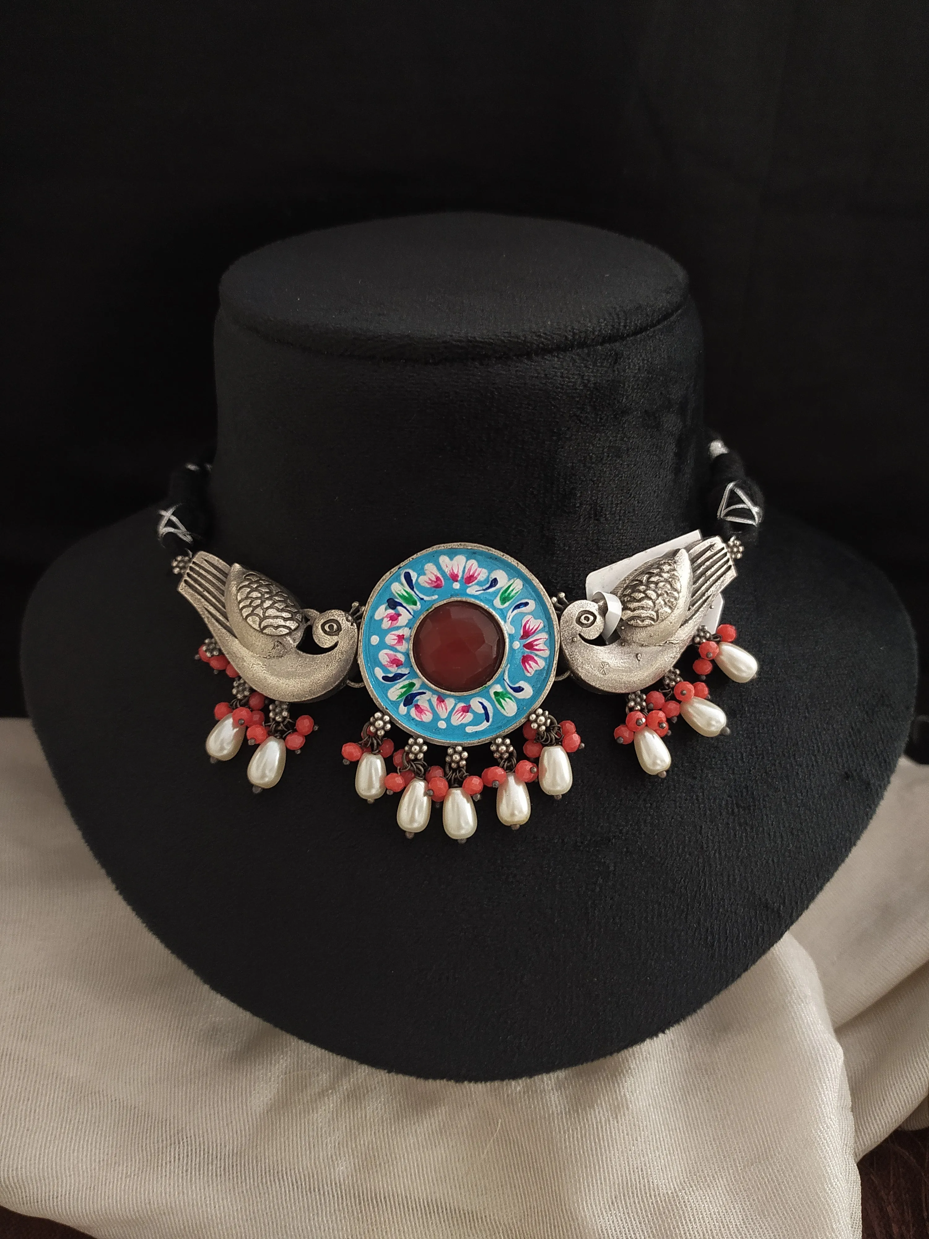 Dual Peacock Design Oxidised Choker Set With Red Center Stone