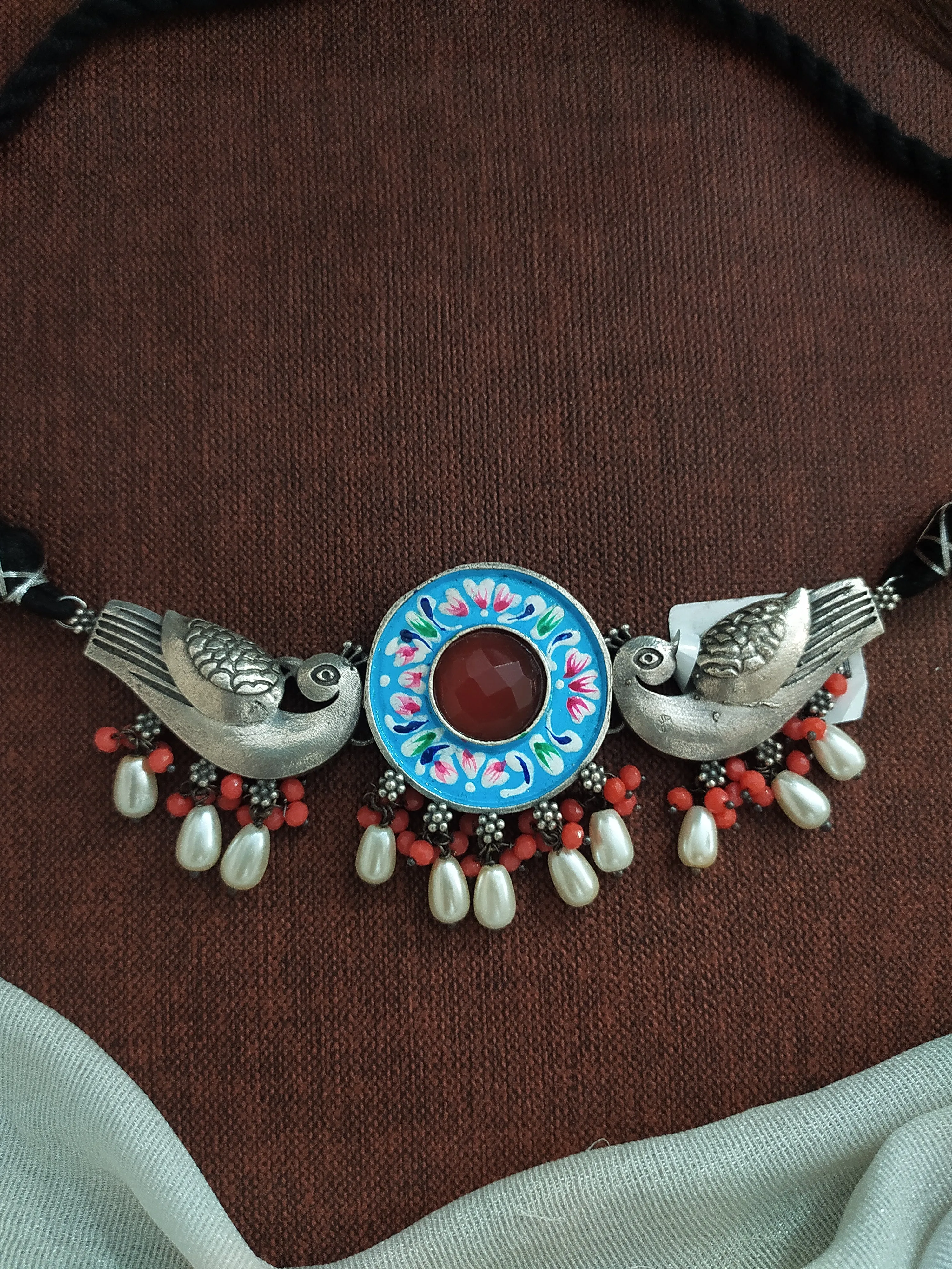 Dual Peacock Design Oxidised Choker Set With Red Center Stone