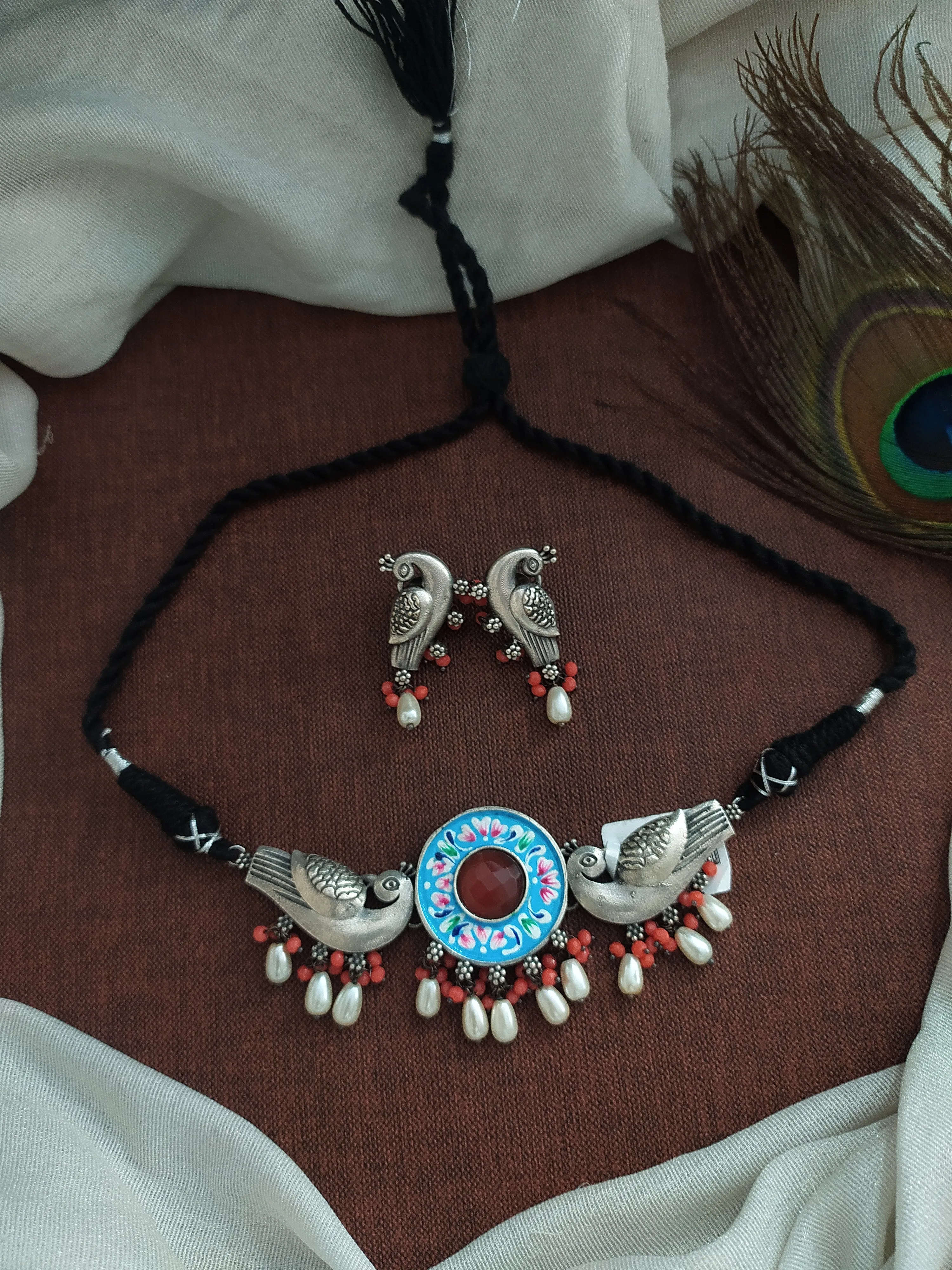 Dual Peacock Design Oxidised Choker Set With Red Center Stone