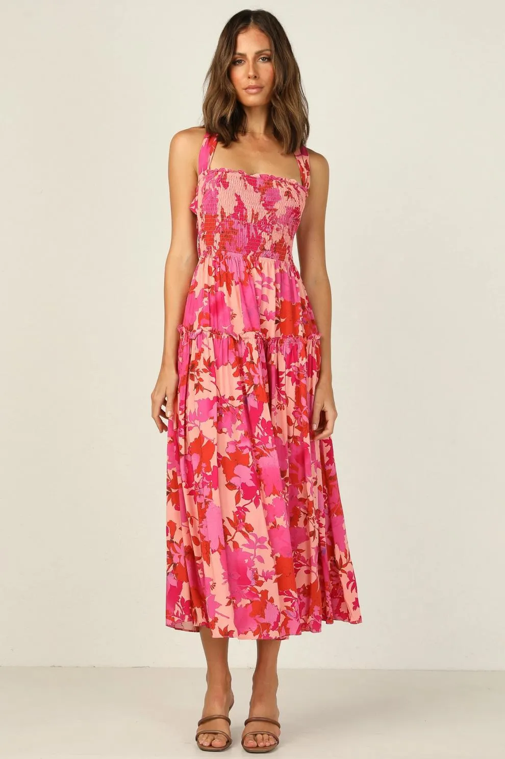 Edris Cotton Floral Tiered Midi Dress - Coral Pink